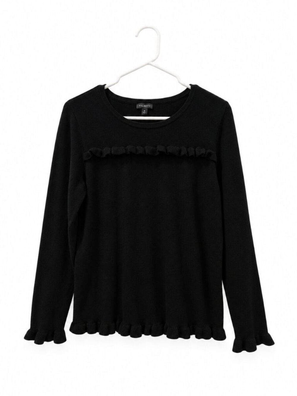 Talbots Black Cashmere Blend Ruffle Trim Sweater Long Sleeve Top Womens M